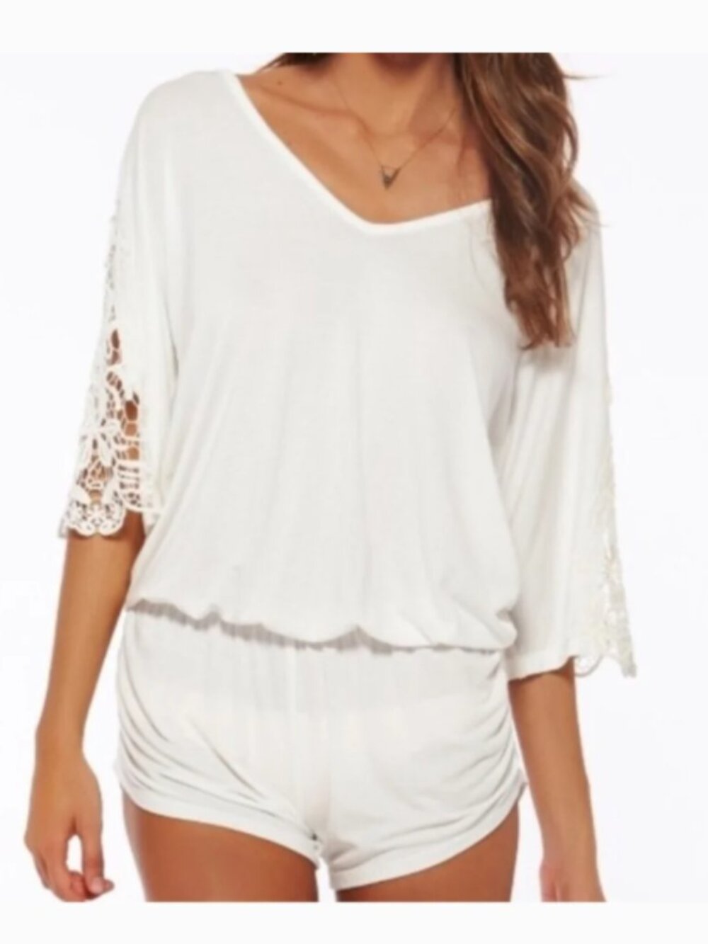 L*Space Mali Crochet Lace Sleeve Swim Coverup Romper Ivory M